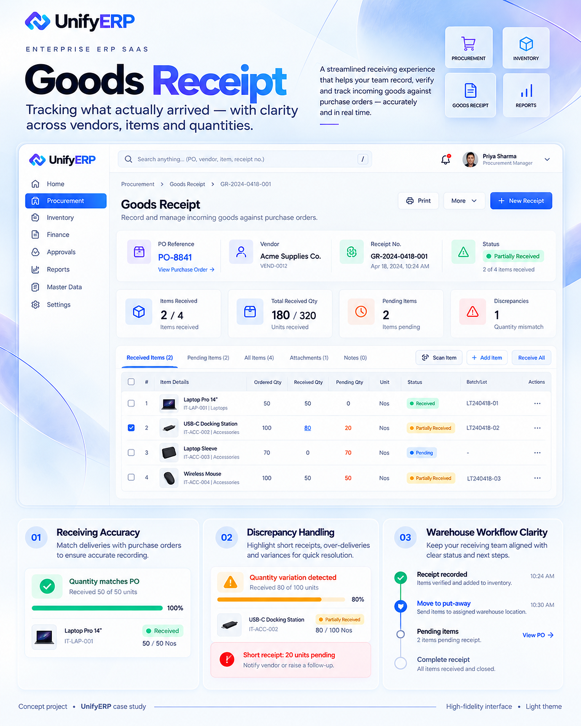 UnifyERP case study 23: Goods Receipt Light Theme