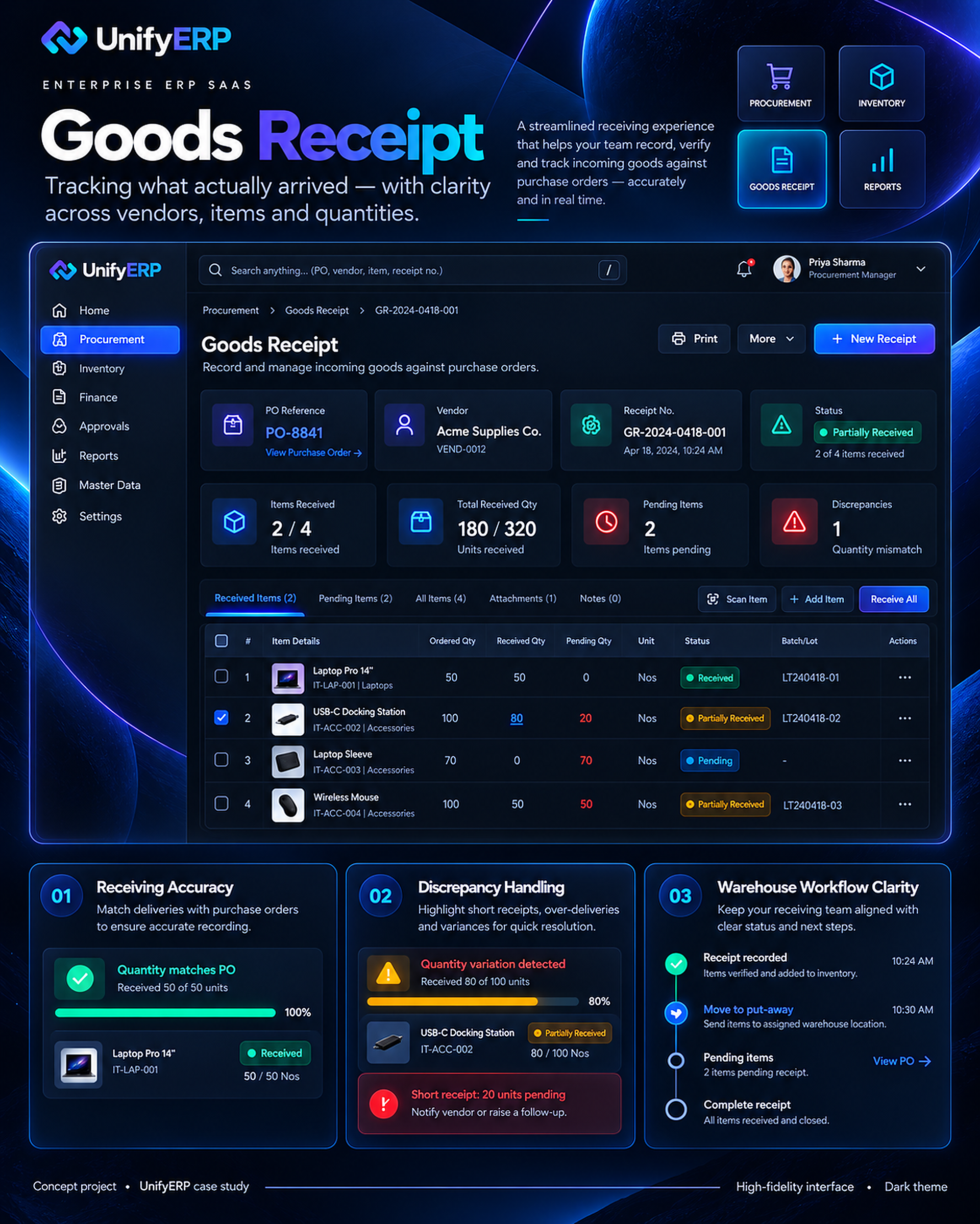 UnifyERP case study 28: Goods Receipt Dark Theme